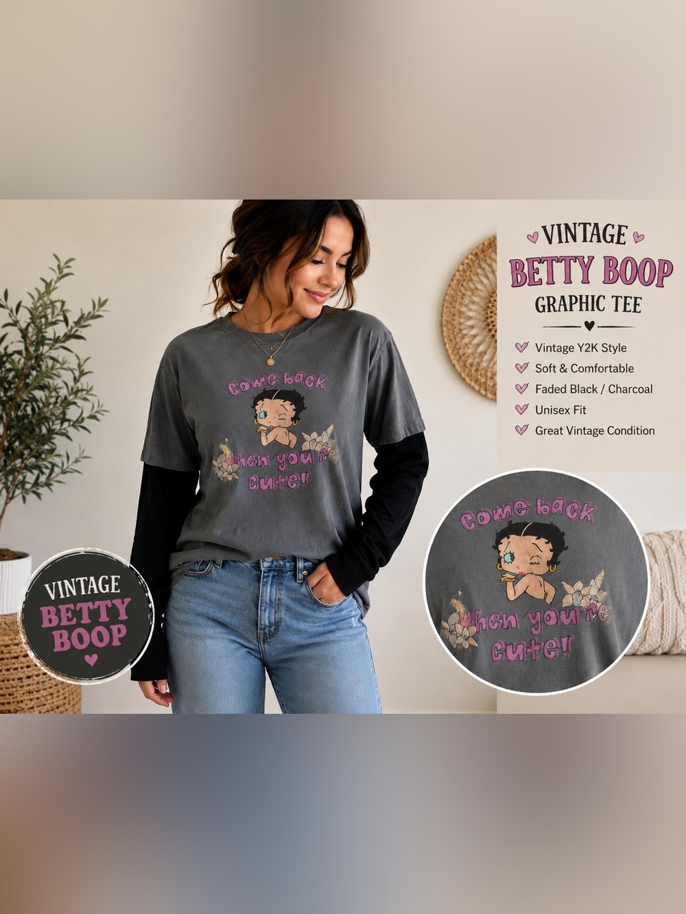 RARE VINTAGE Betty Boop Gray Tee with Pink Screen Print size L